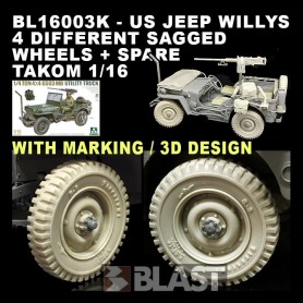 BL16003K - US JEEP WILLYS 4 DIFFERENT SAGGED WHEELS AND SPARE - TAKOM 1/16